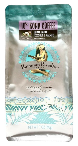 画像1: ハワイアンパラダイスコーヒー/ココナッツ＆マカダミアナッツ LUAU LATTE/10%KONA 粉タイプ（198g） (1)